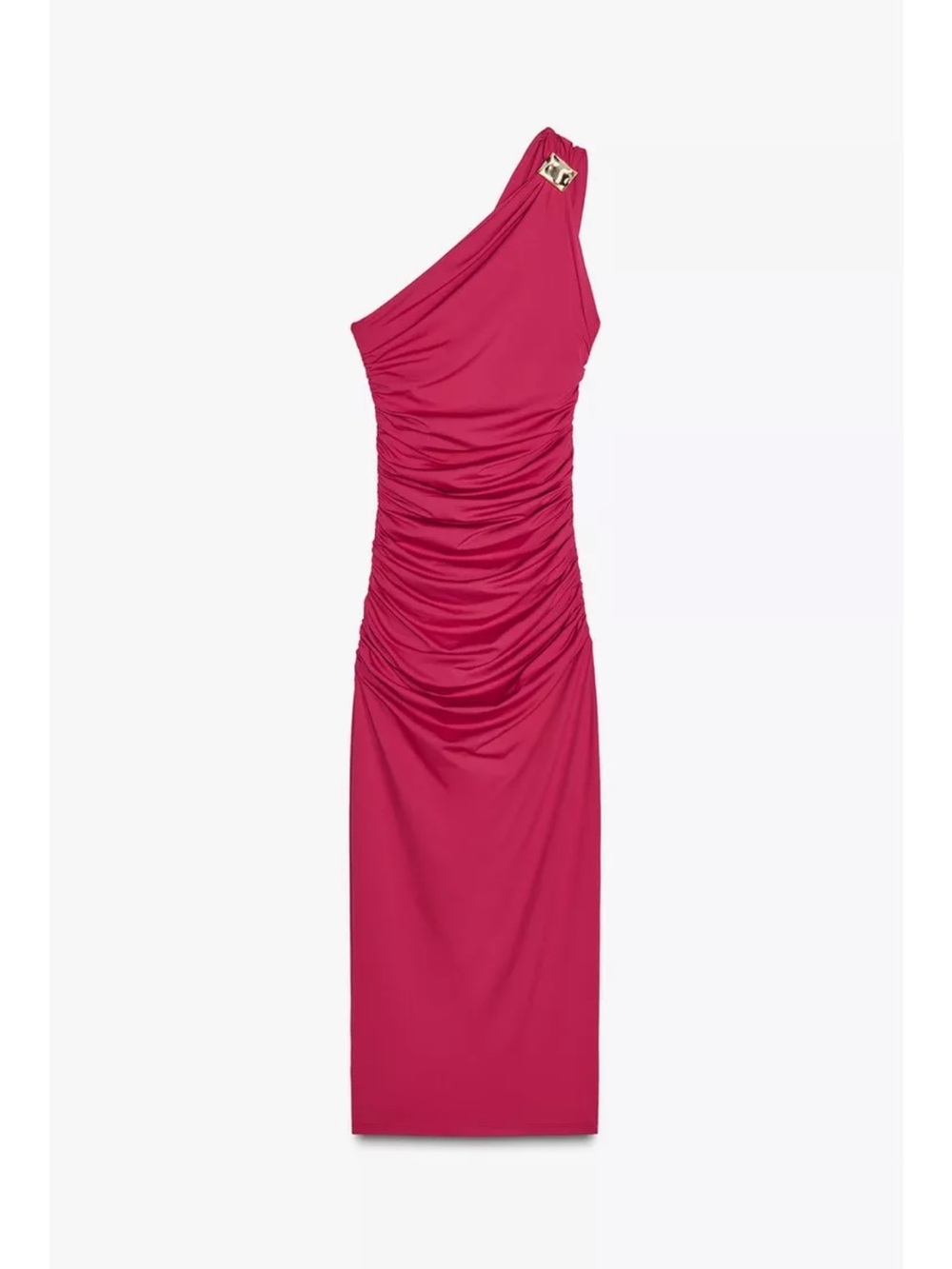 Zara One-Shoulder Ruched Magenta Dress with Gold Buckle